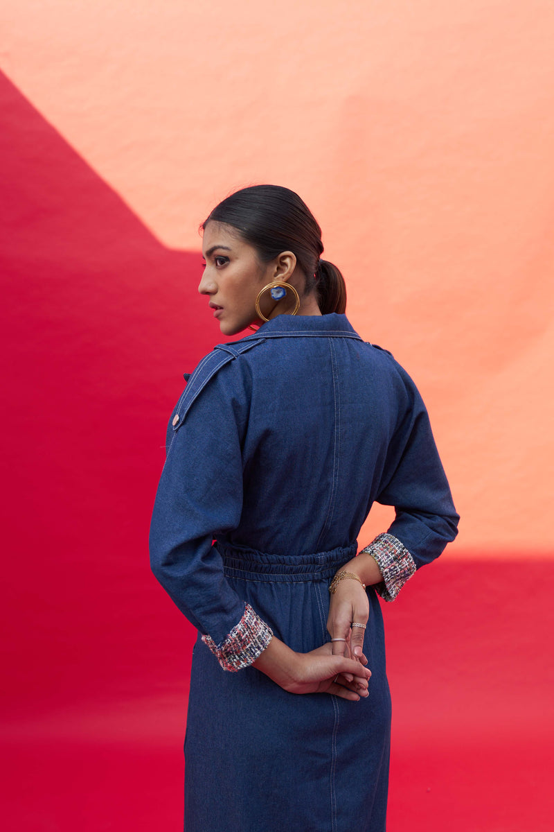 DARK BLUE DENIM TWEED TRENCH DRESS