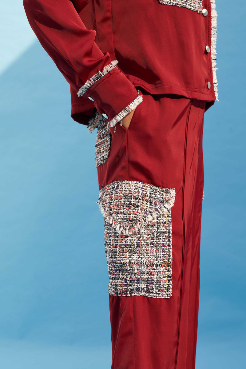 RED CREPE WITH TWEED PANT