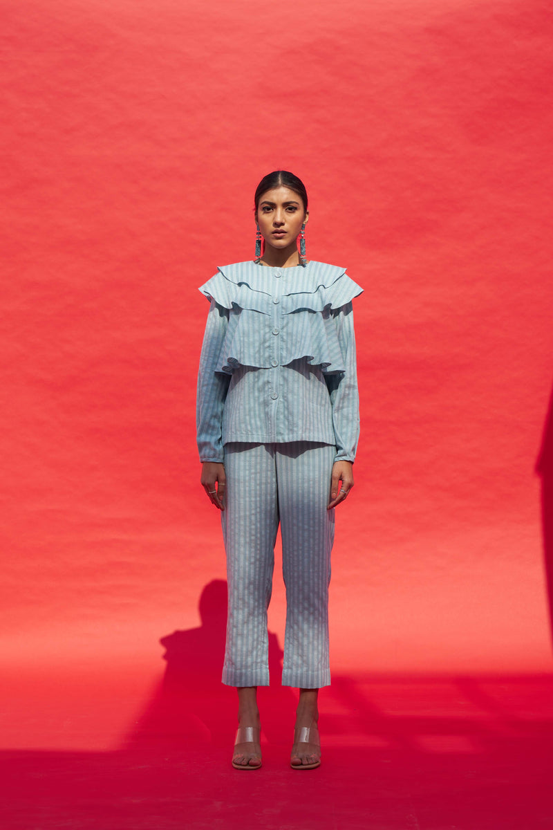 SKY BLUE DENIM TEXTURED RUFFLE TOP