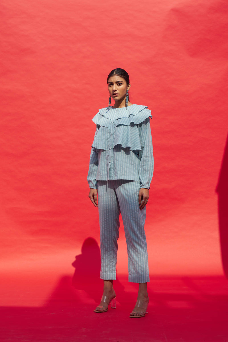 SKY BLUE DENIM TEXTURED RUFFLE TOP