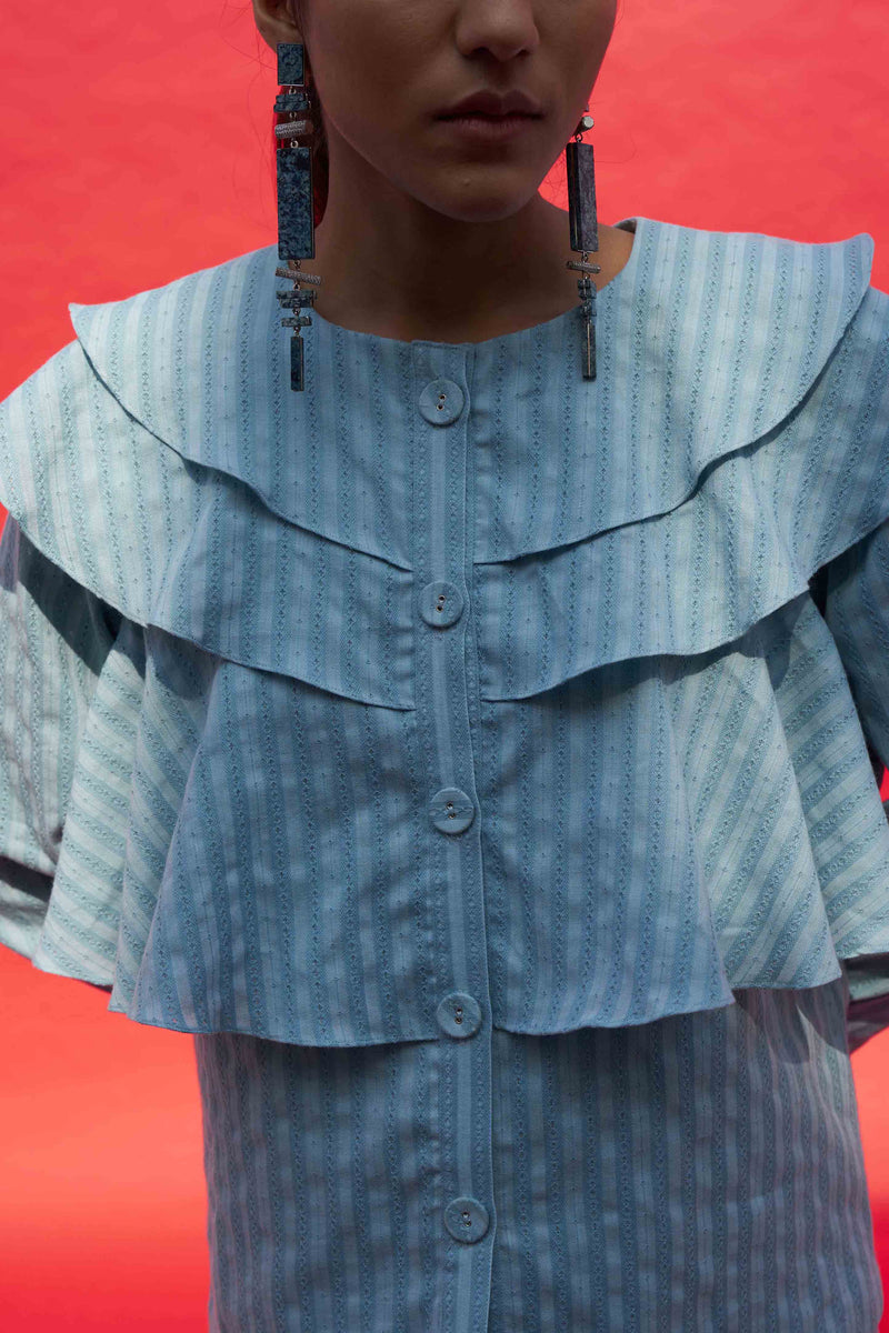 SKY BLUE DENIM TEXTURED RUFFLE TOP